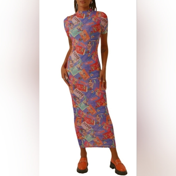 Peppermayo Brazil Print Bright Blue and Orange Bodycon Summer Maxi Dress Size 2 - Picture 4 of 10